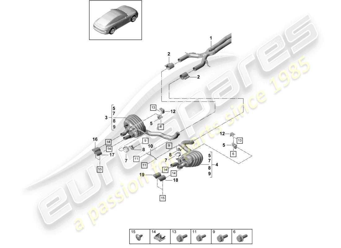 porsche 2021 (panamera 971-1) sistema di scarico versione sport e silenziatore posteriore per veicoli con equipaggiamento exclusive schema dei componenti del terminale di scarico