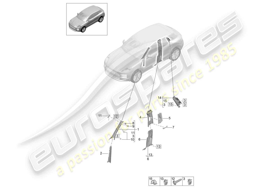 porsche 2021 (macan) schema delle parti del rivestimento del montante a, del montante b superiore e del montante c