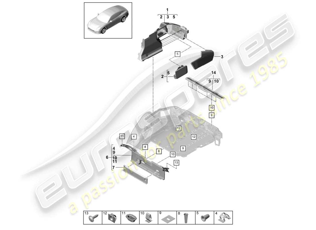 porsche 2021 (panamera 971-1) schema delle parti laterali del rivestimento del vano bagagli