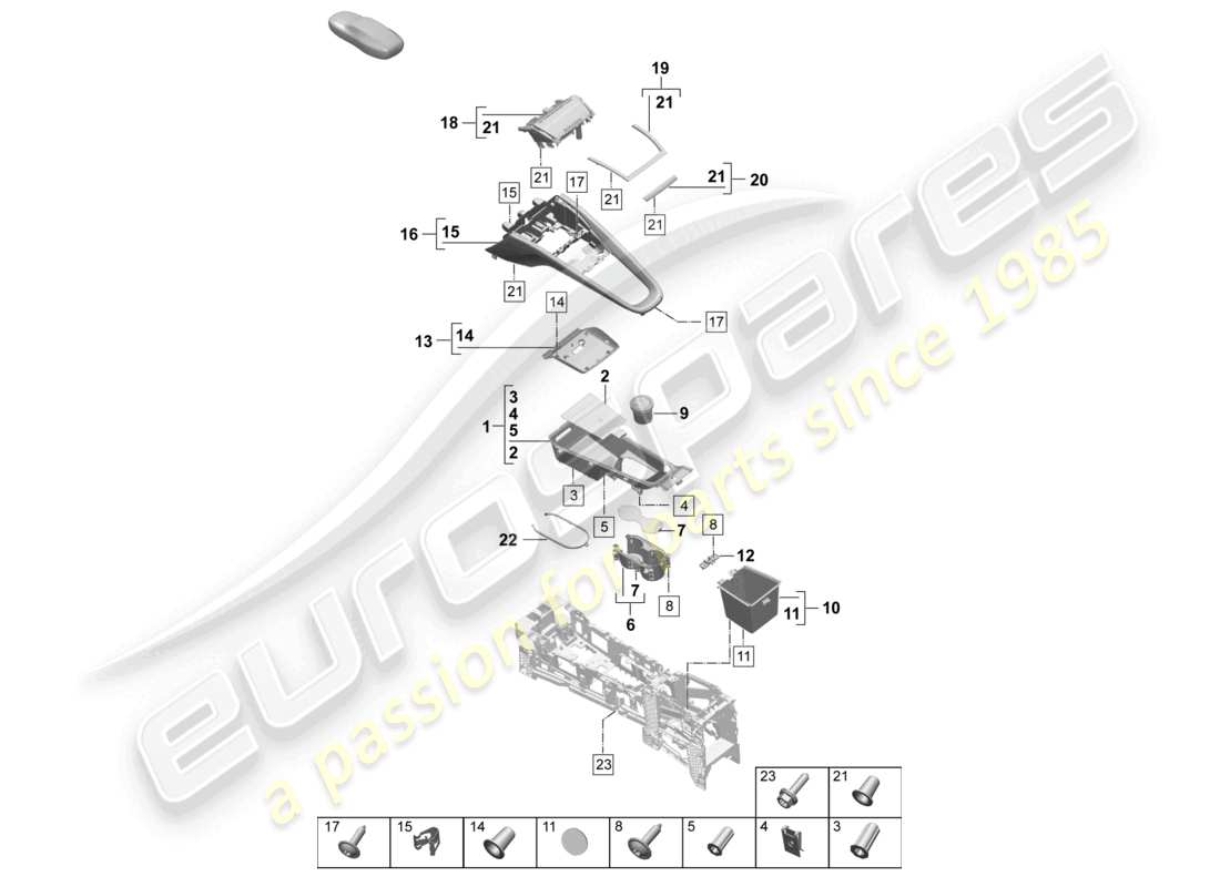 porsche 2025 (macan-e) parte superiore della console centrale diagramma delle parti