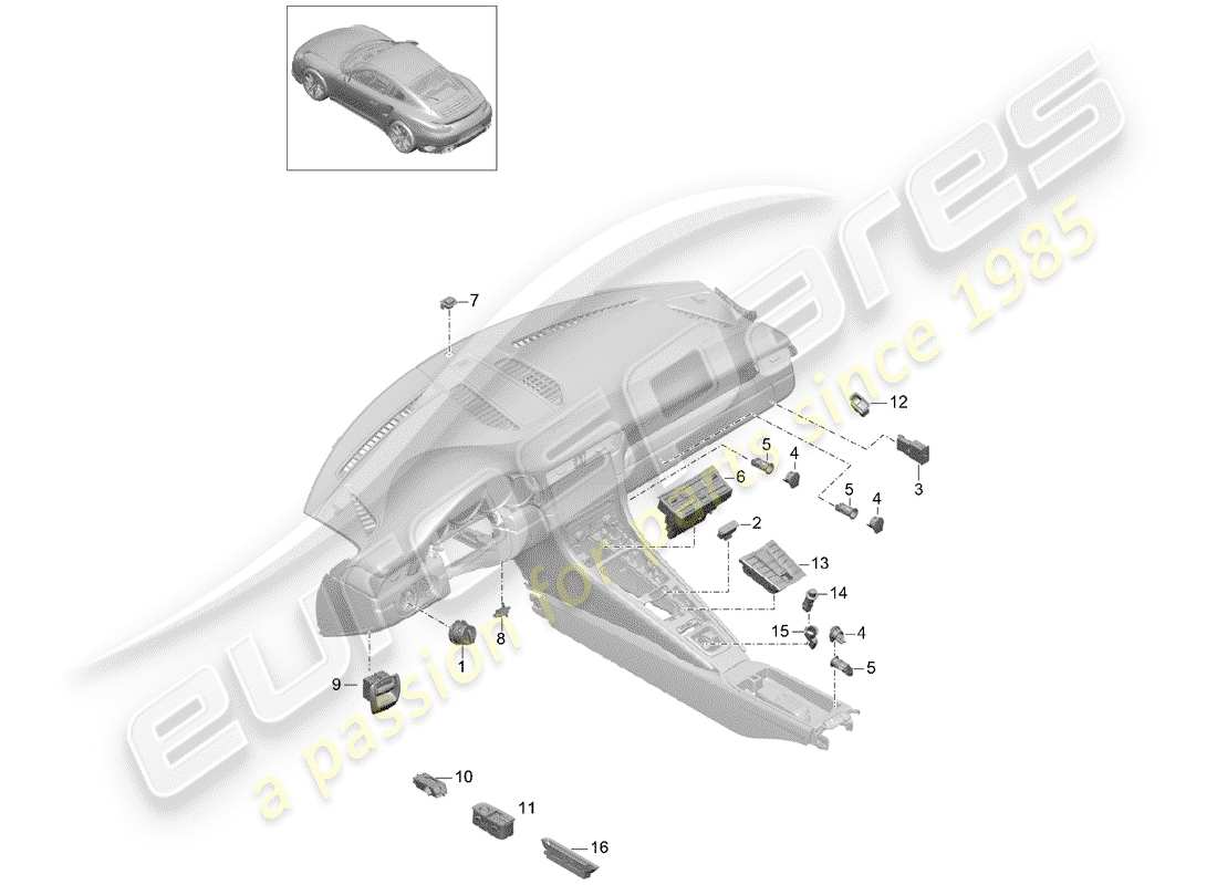 porsche 991 turbo (2018) diagramma delle parti dell'interruttore