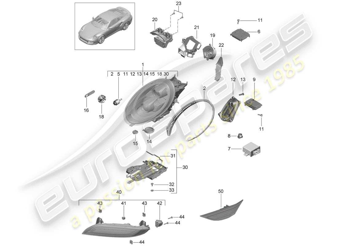porsche 991 turbo (2018) diagramma delle parti del faro a led