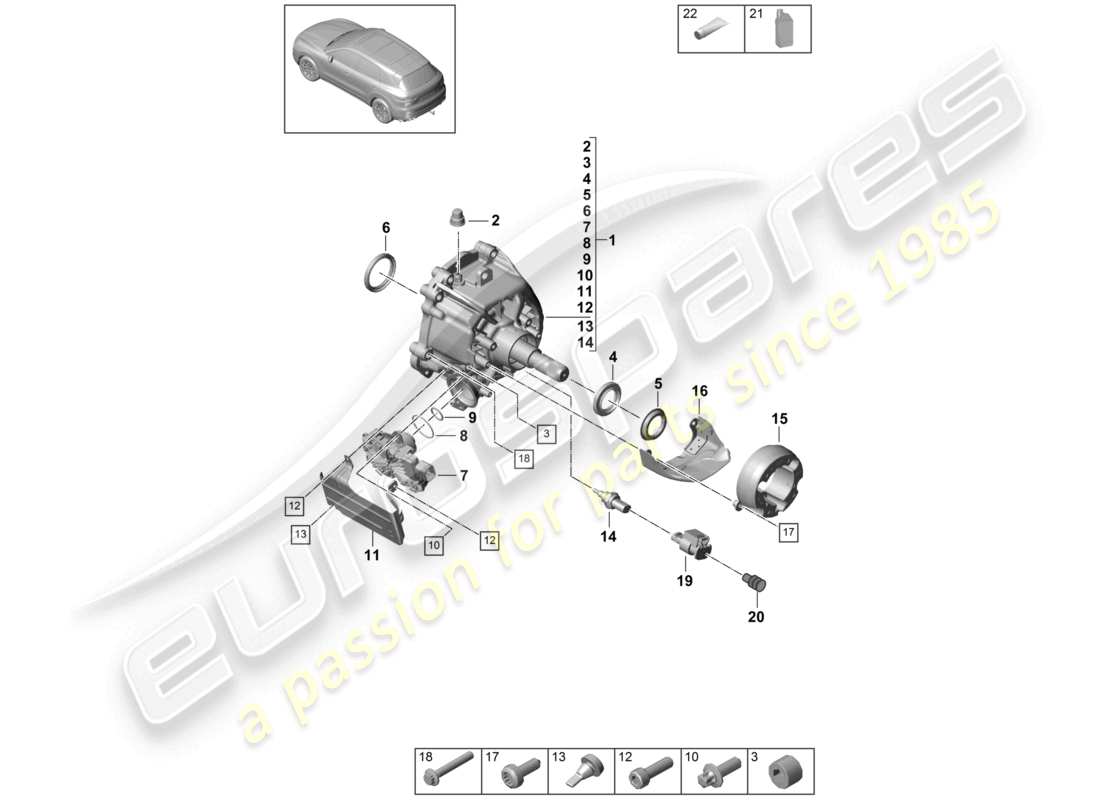 porsche 2022 (cayenne e3 9ya/9yb) scatola di trasferimento pronta per l'installazione diagramma delle parti