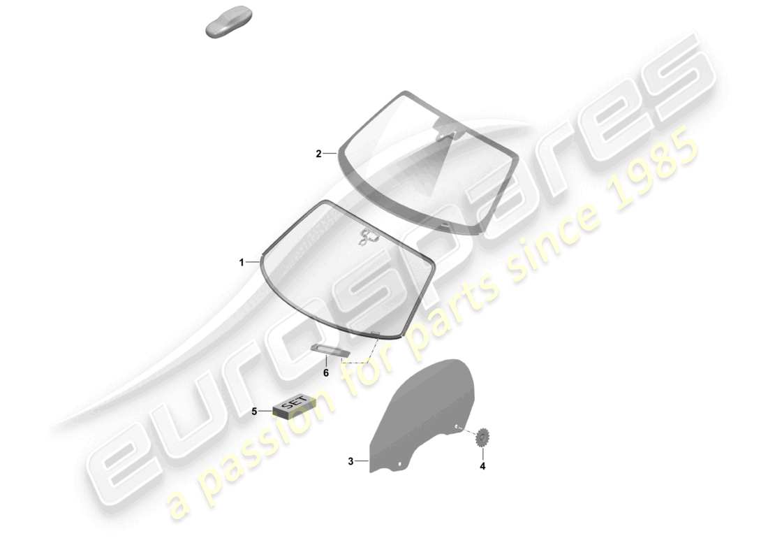 porsche 2022 (718 boxster spyder) parabrezza, finestrino laterale, diagramma delle parti