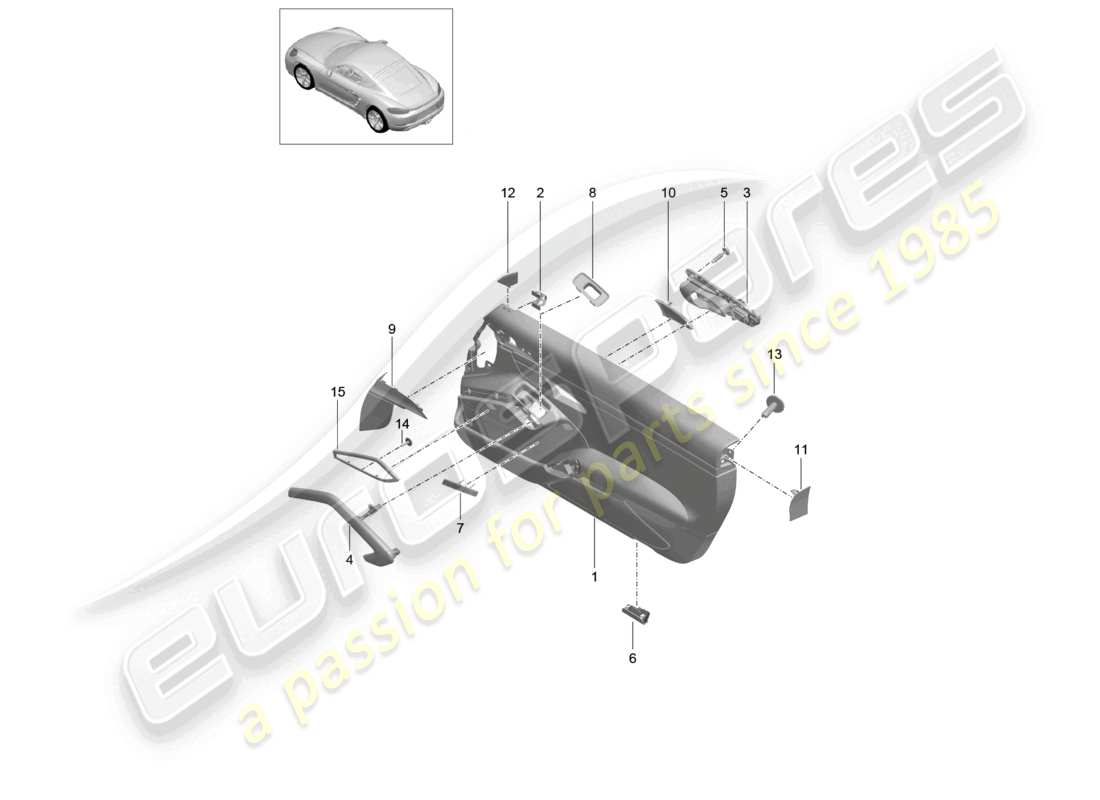porsche 2024 (718 cayman) pannello porta accessori rivestimento alluminio spazzolato schema componenti