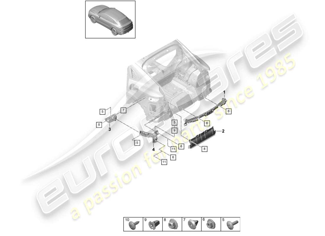 porsche 2022 (cayenne e3 9ya/9yb) schema base dei componenti di fissaggio del paraurti posteriore della coupe