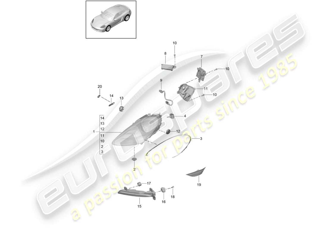 porsche 2023 (718 cayman) fari anteriori faro supplementare indicatore di direzione luce di posizione laterale ripetitore di direzione schema delle parti