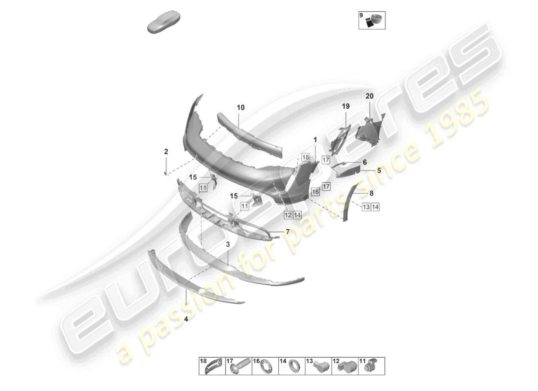 porsche 2020 (taycan 9j1-1) paraurti anteriore per variante di equipaggiamento: base taycan cross turismo schema ricambi
