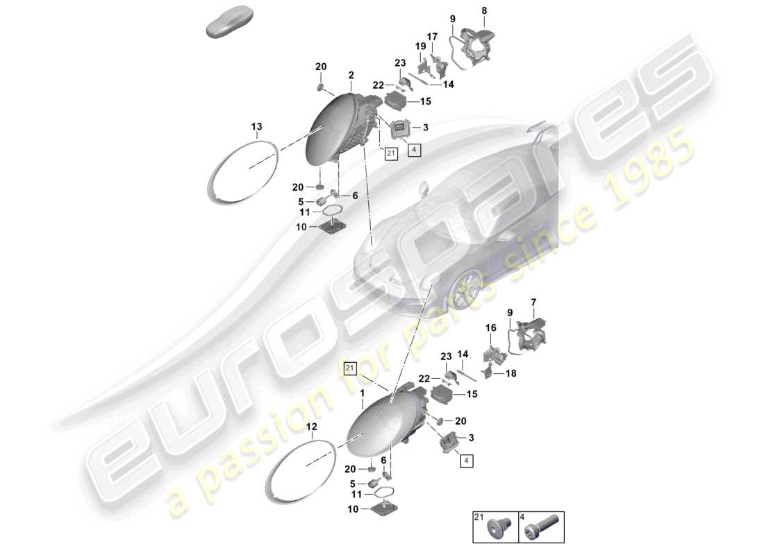 porsche 2025 (992-2 gt3) diagramma delle parti del faro a led