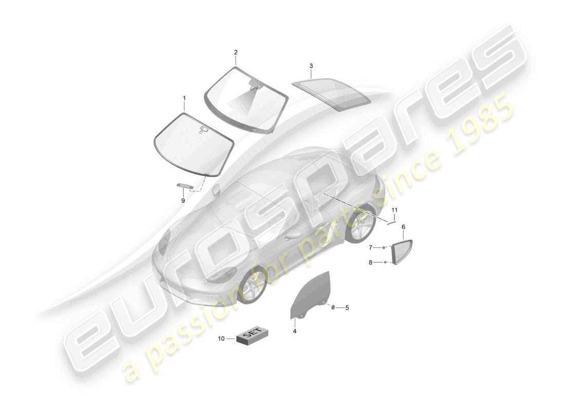 porsche 2023 (718 cayman) parabrezza finestrino laterale lunotto posteriore schema delle parti