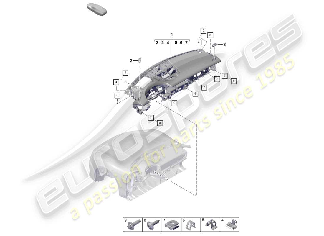 porsche 2025 (panamera 976) cruscotto parte superiore con: elementi di fissaggio schema delle parti