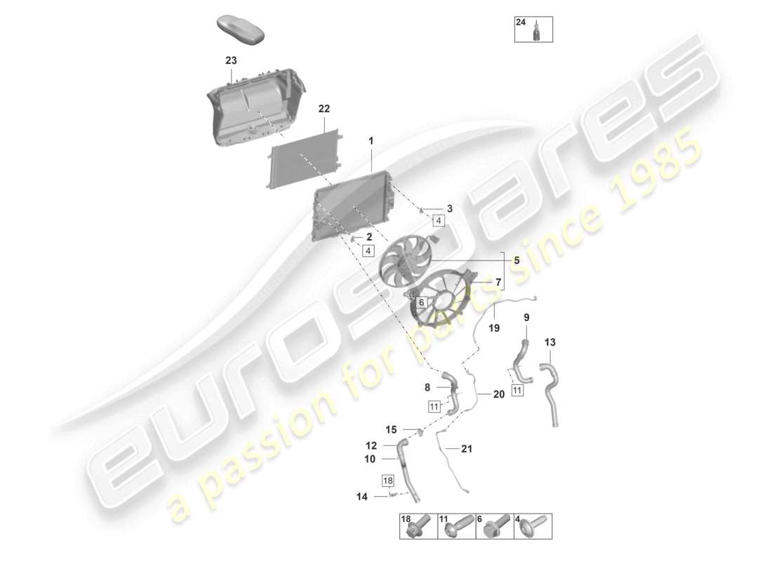 porsche 2022 (992-1 gt3/rs/st) raffreddatore per il centro del refrigerante ventola del radiatore diagramma delle parti