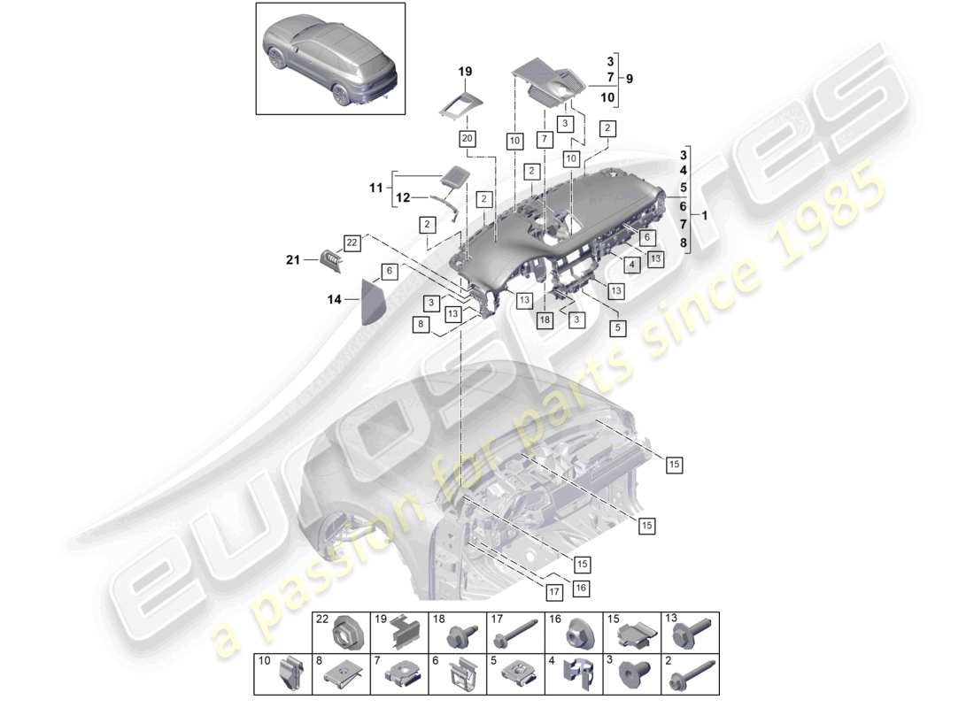 porsche 2022 (cayenne e3 9ya/9yb) schema delle parti del rivestimento superiore del pannello strumenti e degli accessori