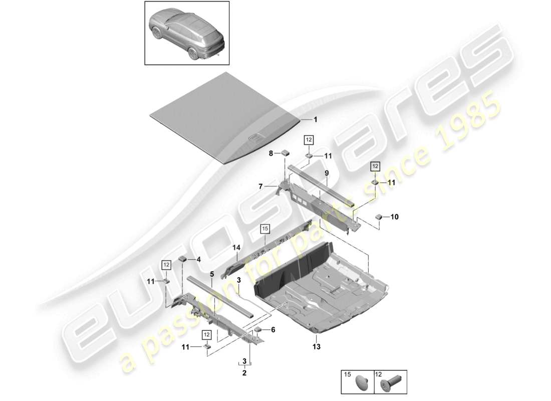 porsche 2022 (cayenne e3 9ya/9yb) schema delle parti della piastra inferiore del rivestimento del vano bagagli