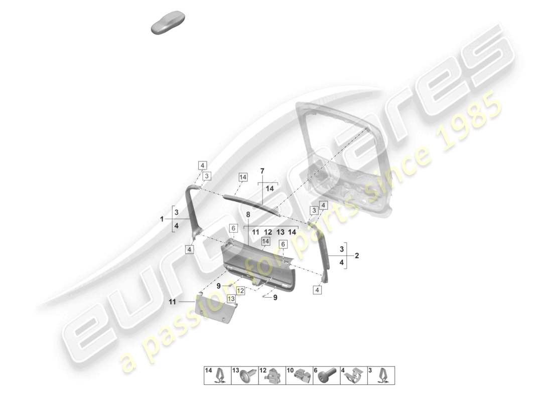 porsche 2024 (panamera 971-2) schema delle parti interne del pannello di rivestimento del cofano posteriore