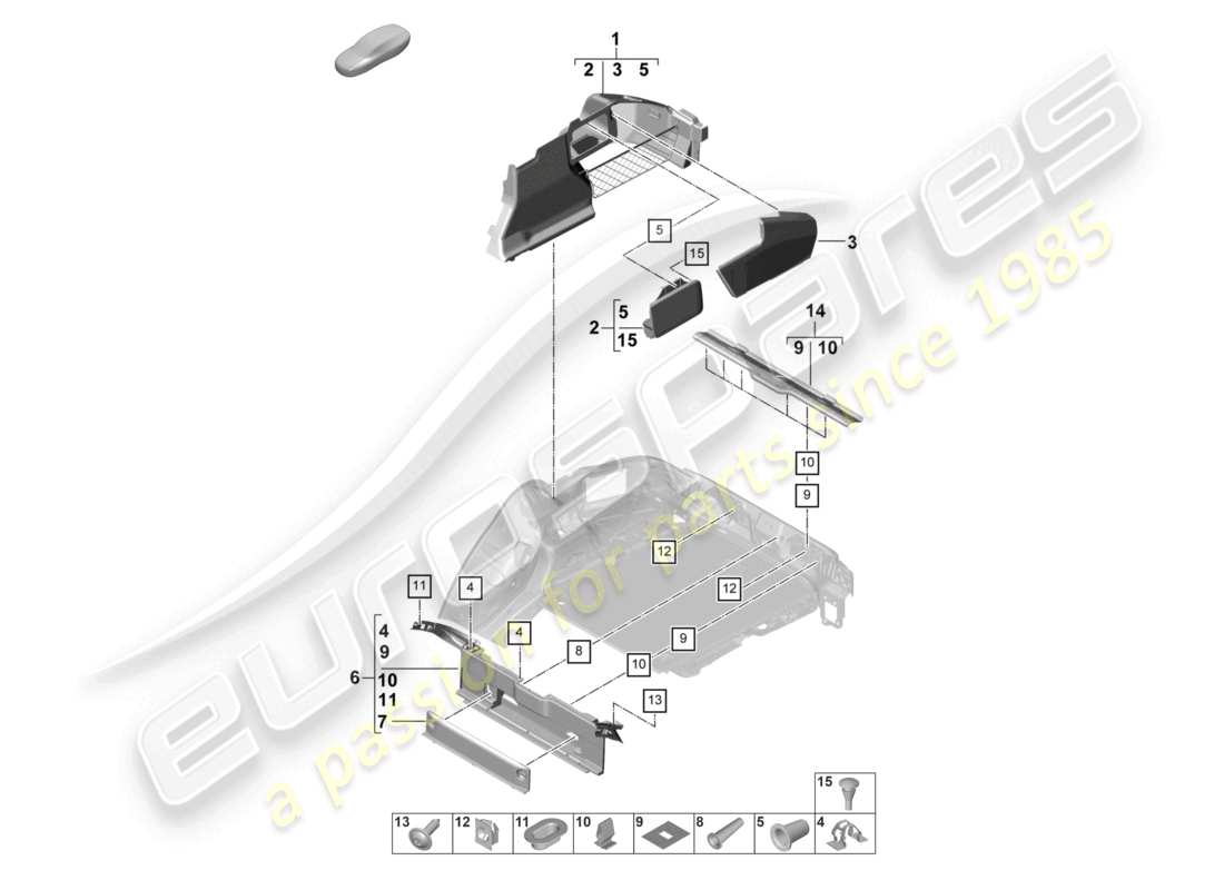 porsche 2024 (panamera 971-2) schema delle parti laterali del rivestimento del vano bagagli