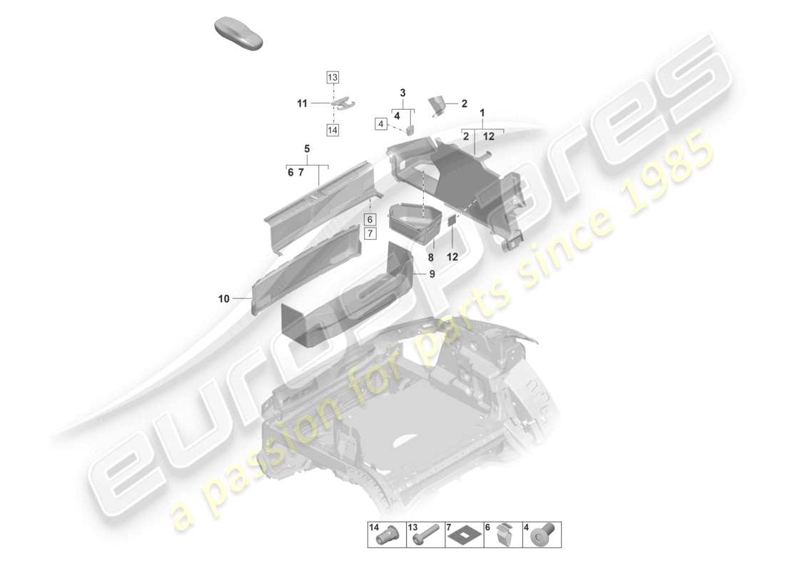 porsche 2020 (taycan 9j1-1) schema delle parti laterali del rivestimento del vano bagagli