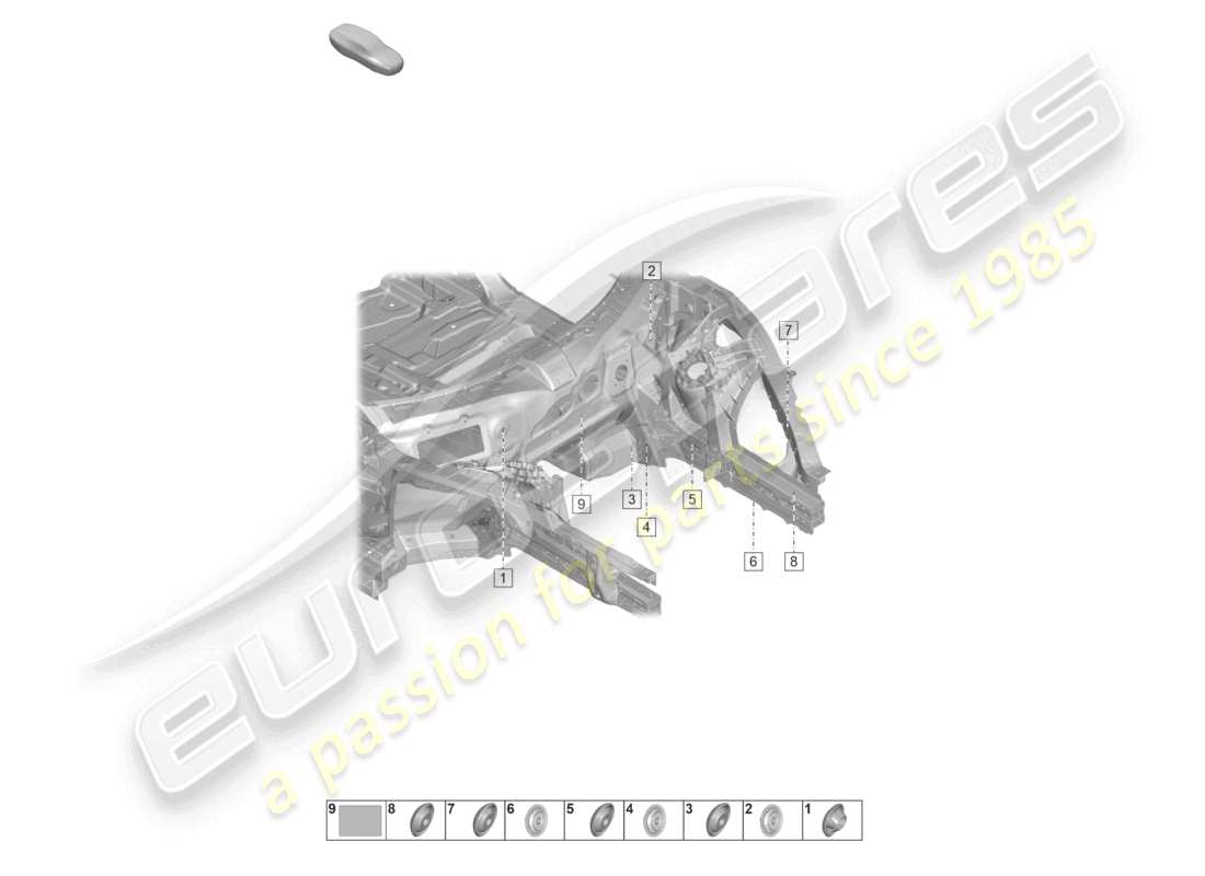 porsche 2020 (taycan 9j1-1) front end interno elemento laterale firewall diagramma delle parti