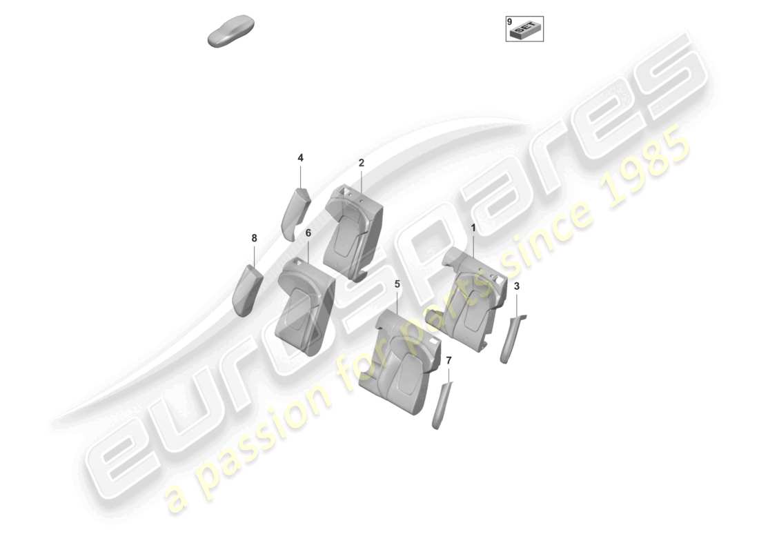 porsche 2020 (taycan 9j1-1) sezione in schiuma per supporto laterale di riposo. schema delle parti del sedile sportivo con rivestimento dello schienale