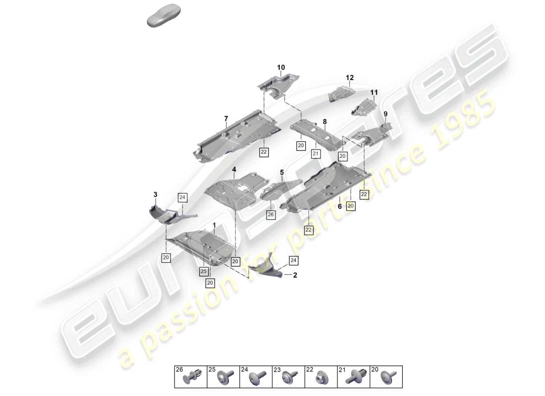 porsche 2026 (cayenne e3 pa) schema delle parti degli accessori del sottoscocca ibrido trim