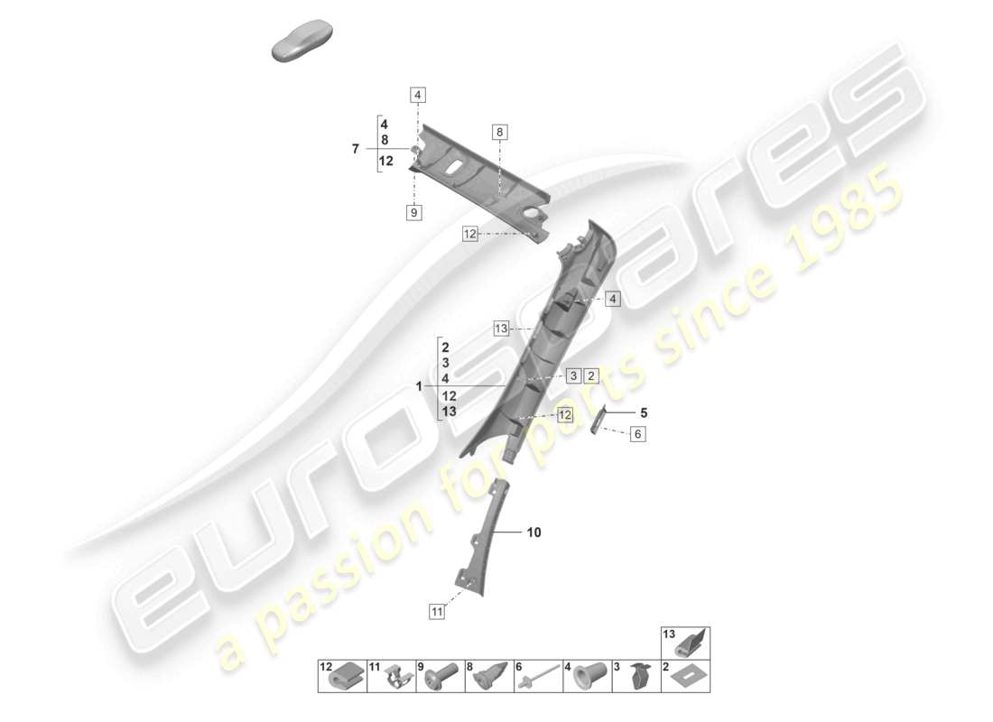 porsche 2023 (992-1 turbo / s) schema delle parti del rivestimento del montante a cabriolet