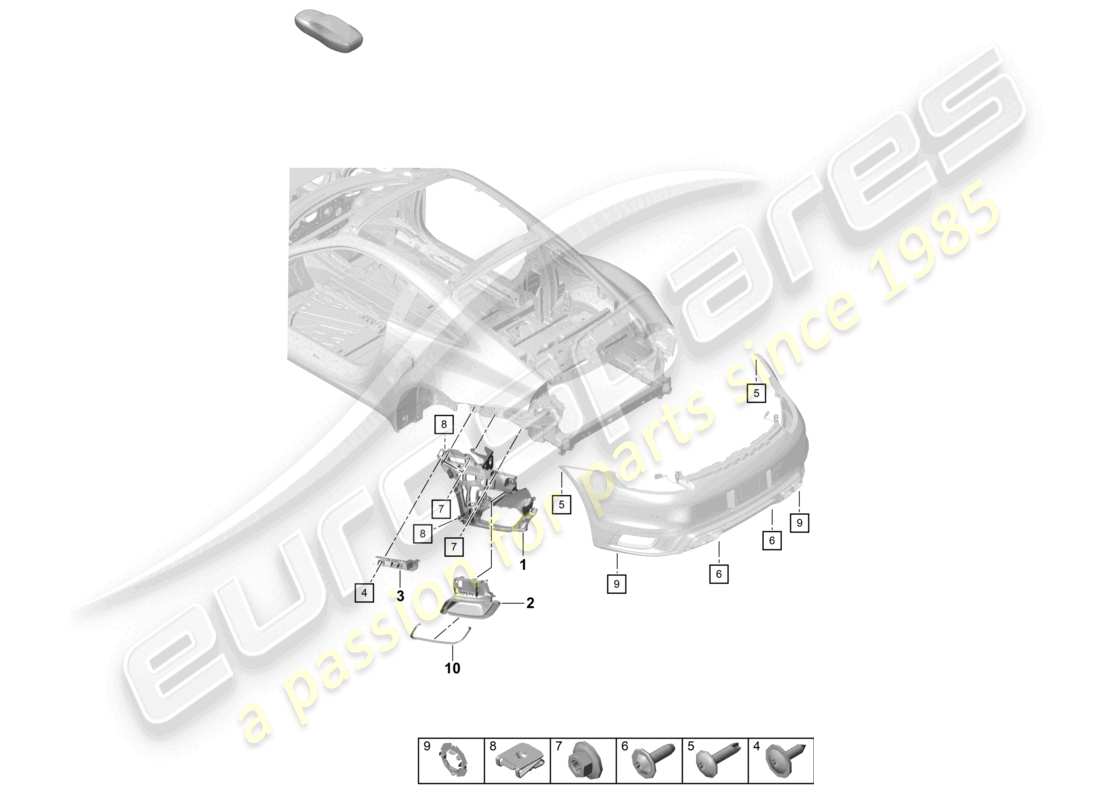 porsche 2023 (992-1 turbo / s) diagramma delle parti dei dispositivi di fissaggio del paraurti posteriore