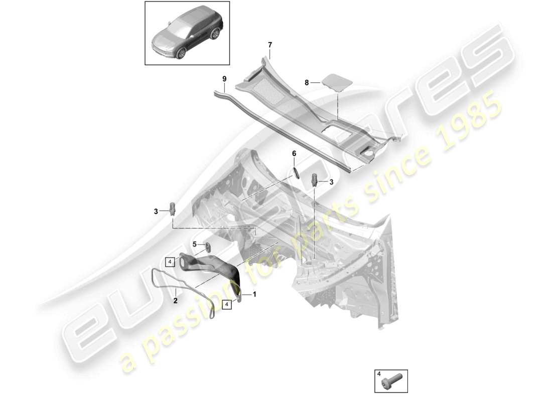 porsche 2024 (cayenne e3 9ya/9yb) scatola dell'acqua per veicoli con trazione ibrida schema delle parti