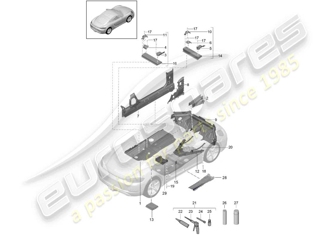 porsche 2024 (718 cayman) diagramma delle parti centrali delle piastre del pavimento