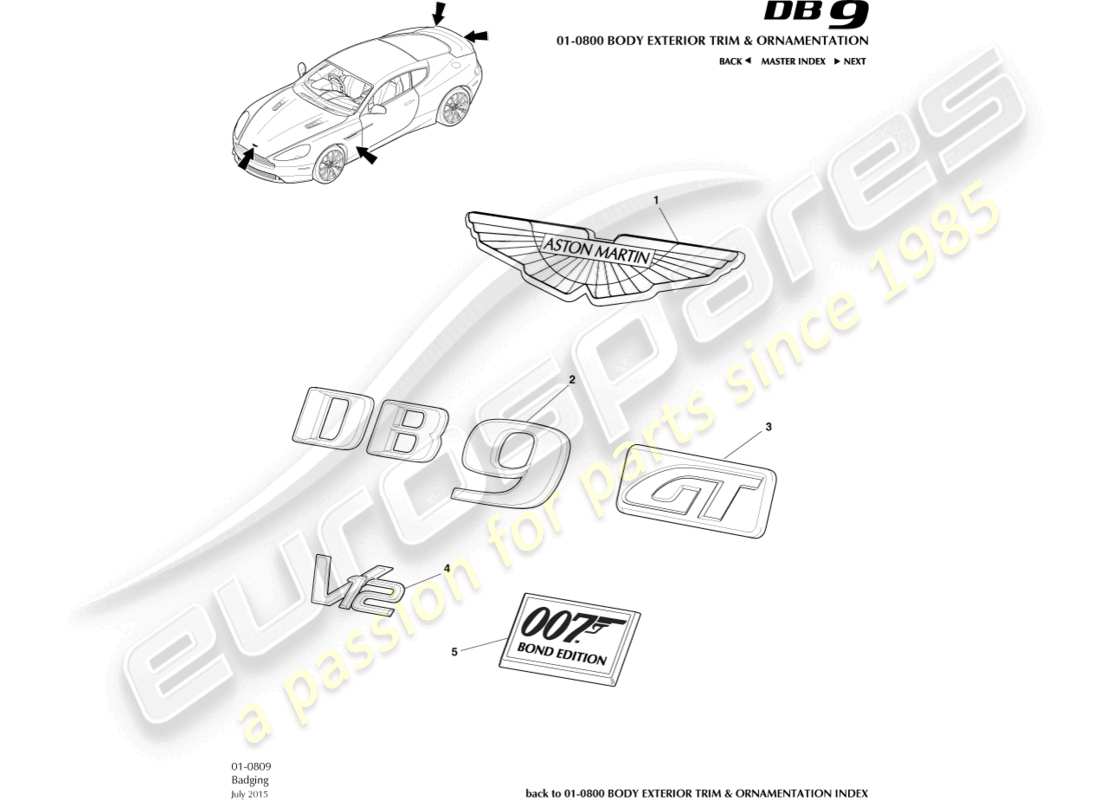 aston martin db9 (2014) badge diagramma delle parti