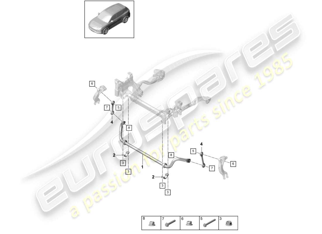 porsche 2023 (cayenne e3 9ya/9yb) diagramma delle parti della barra antirollio