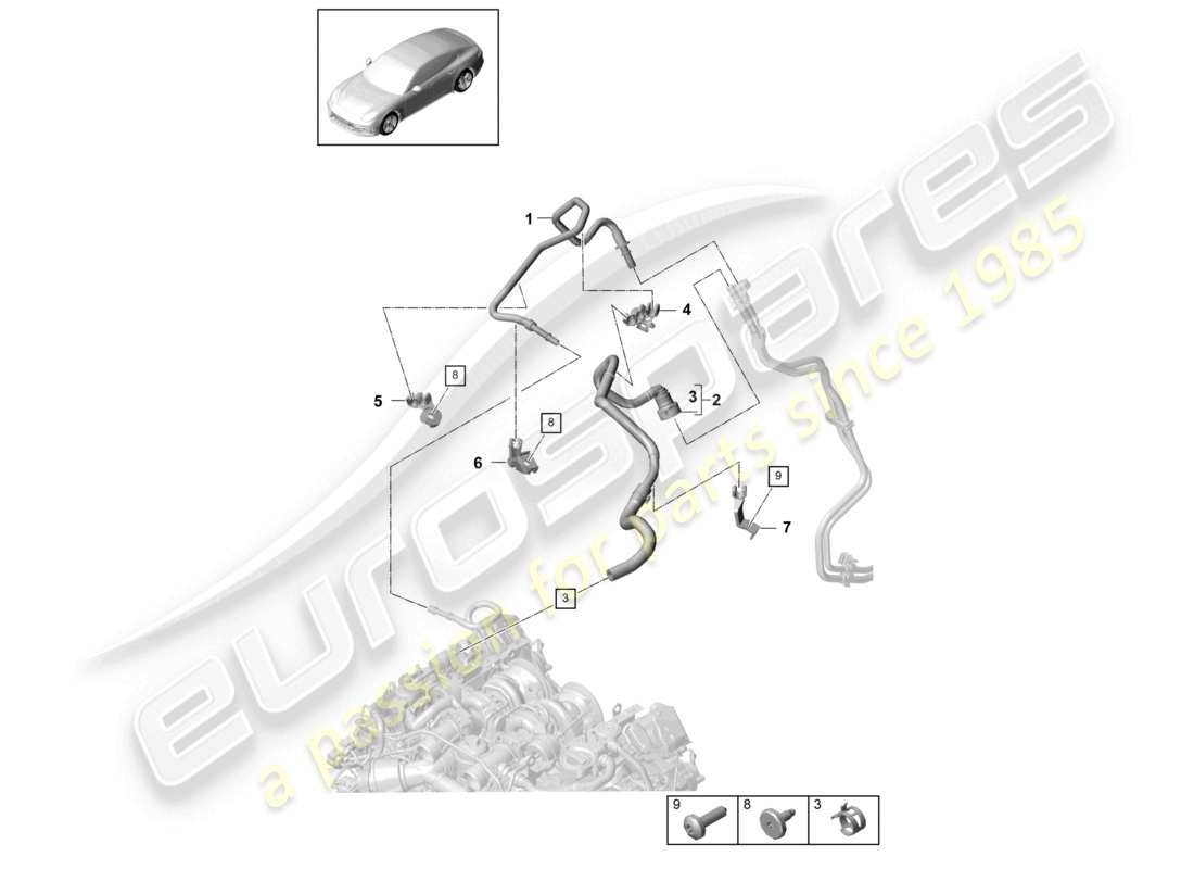 porsche 2021 (panamera 971-1) schema delle parti del vano motore del tubo del carburante