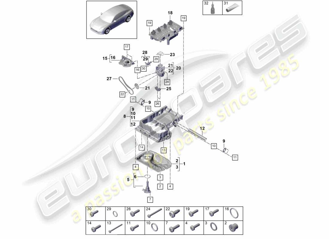 porsche 2021 (panamera 971-1) schema delle parti della pompa dell'olio della coppa dell'olio dell'alloggiamento conduttore dell'olio