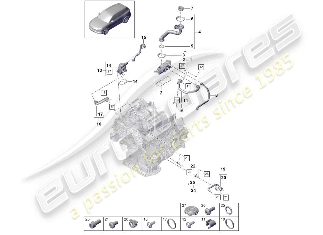 porsche 2022 (cayenne e3 9ya/9yb) schema delle parti di ventilazione per il separatore dell'olio del blocco cilindri