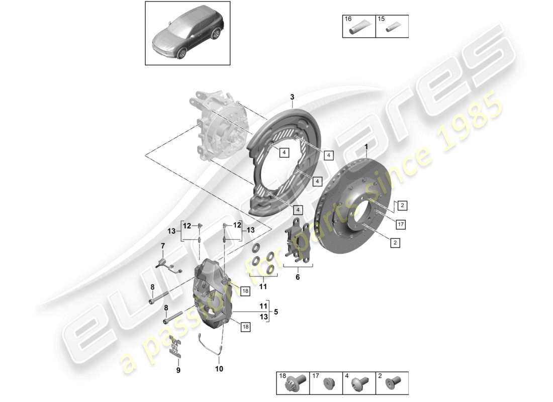 porsche 2023 (cayenne e3 9ya/9yb) freno a disco 20 schema delle parti dell'asse posteriore