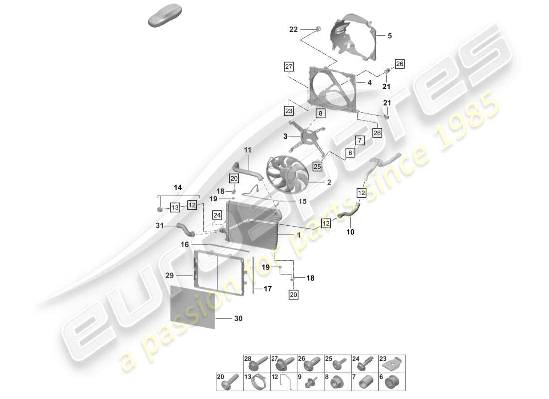porsche 2022 (992-1 gt3/rs/st) raffreddatore per il liquido di raffreddamento anteriore ventola del radiatore diagramma delle parti