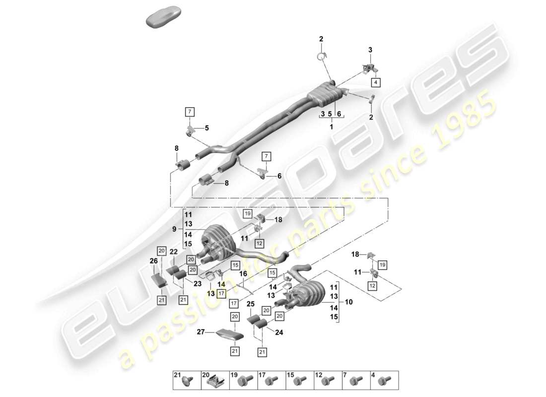porsche 2024 (panamera 971-2) sistema di scarico silenziatore anteriore silenziatore posteriore terminale di scarico diagramma delle parti