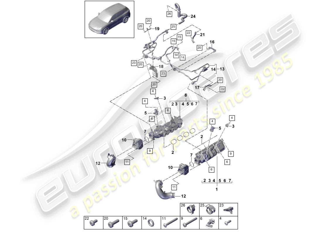 porsche 2023 (cayenne e3 9ya/9yb) adattatore per valvola a farfalla del collettore di aspirazione per ventilazione del serbatoio del carburante diagramma delle parti