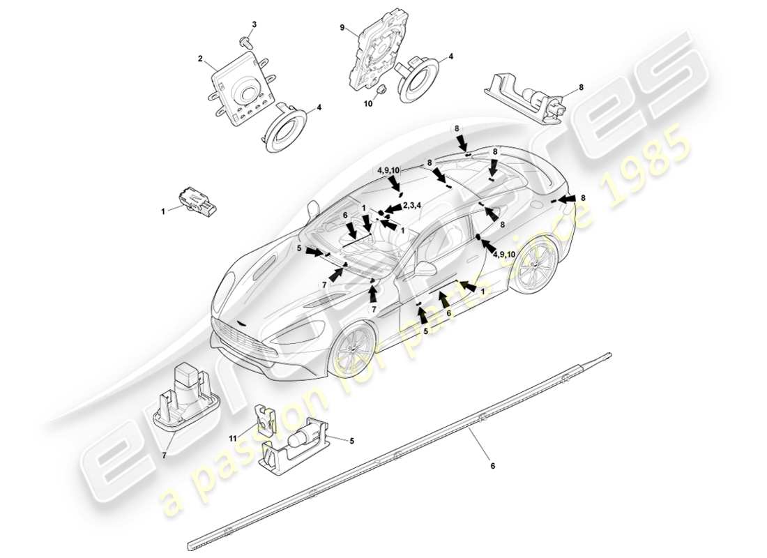 aston martin vanquish (2014) diagramma delle parti dell'illuminazione di cortesia