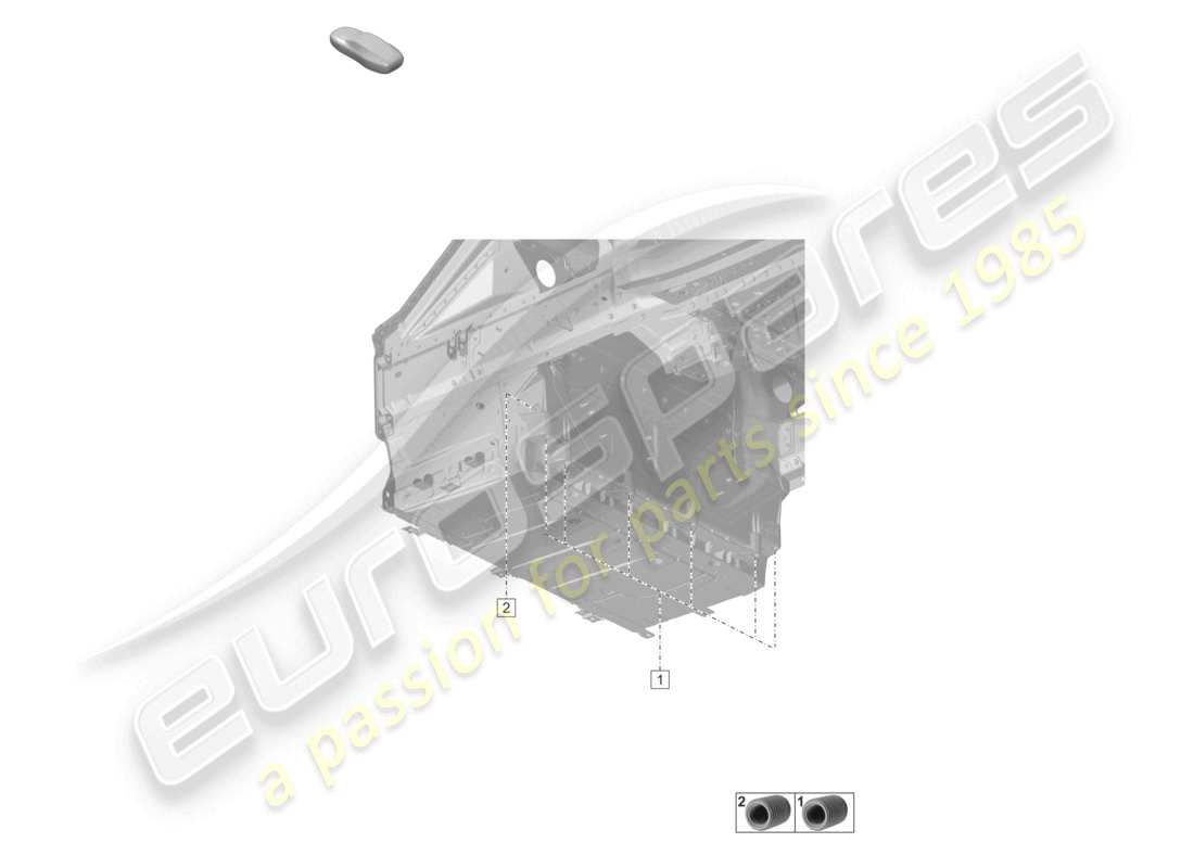 porsche 2023 (992-1 turbo / s) schema delle parti della piastra del pavimento del bagagliaio anteriore sotto il pavimento del bagagliaio