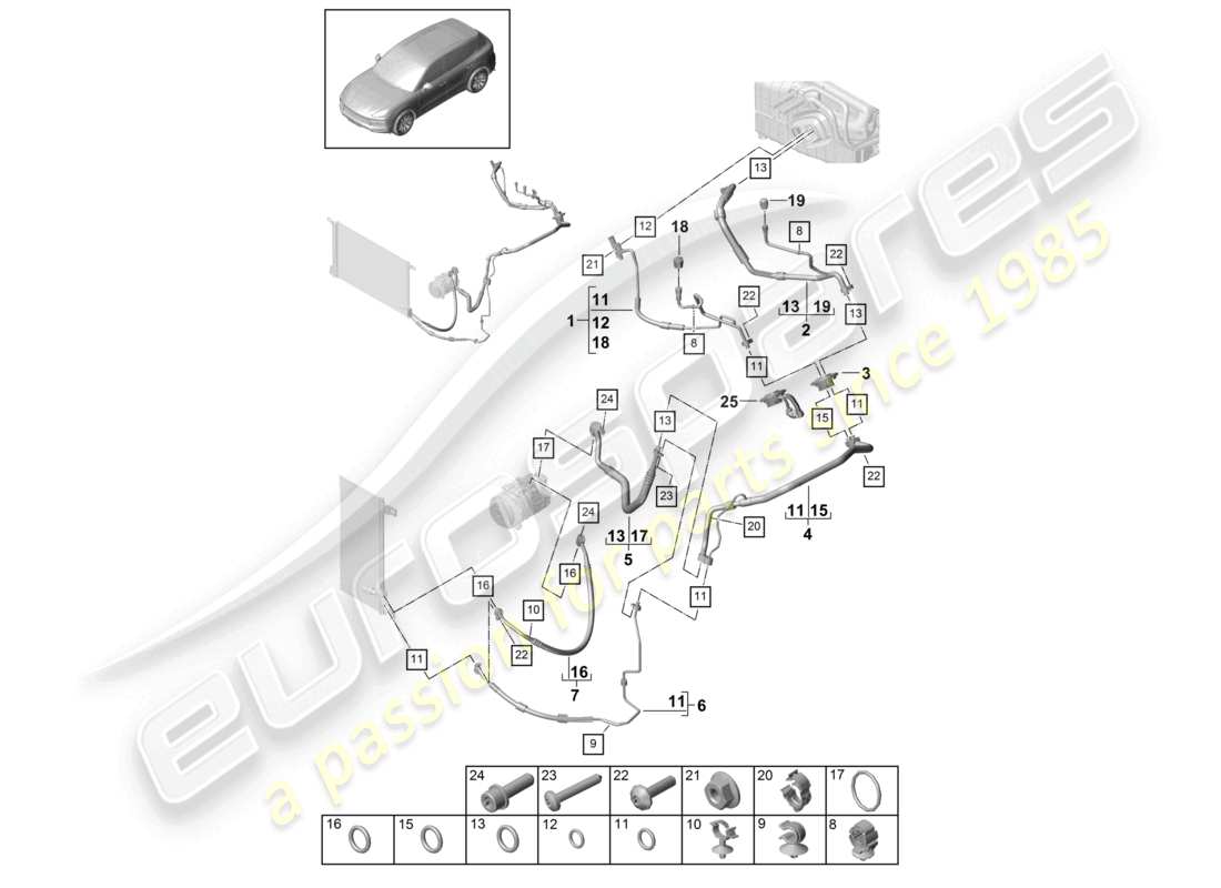 porsche 2023 (cayenne e3 9ya/9yb) schema delle parti della linea refrigerante dell'aria condizionata v6 r134a