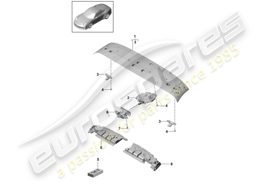 porsche 2021 (991-2 r/gt3/rs) schema delle parti di fissaggio del telaio superiore del tetto anteriore