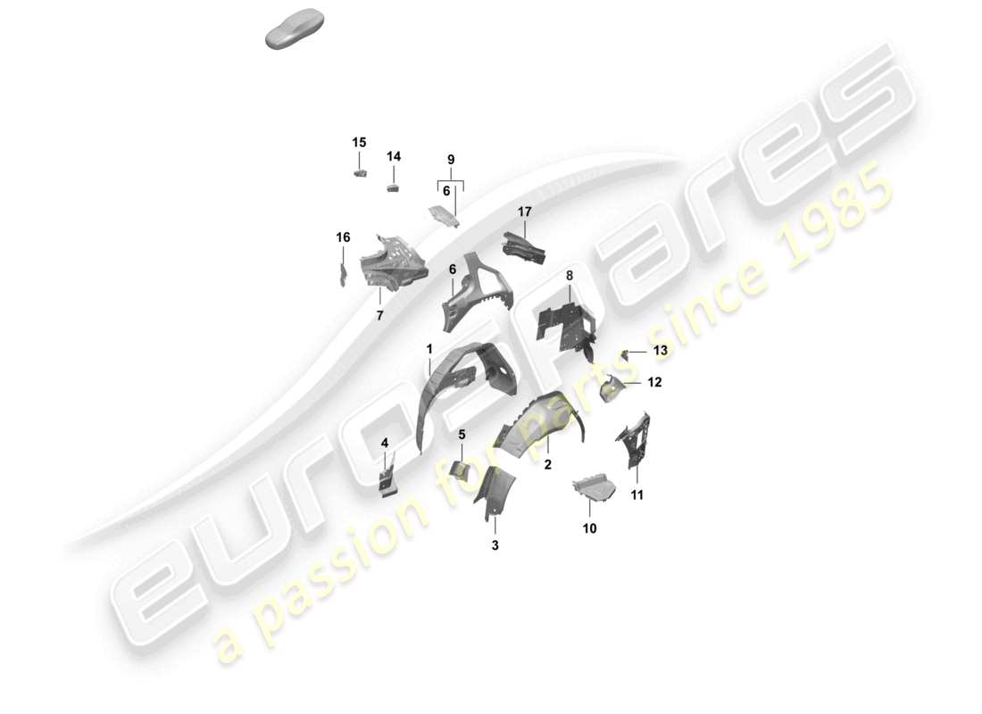 porsche 2025 (taycan 9j1-2) pannello laterale, schema interno del passaruota posteriore