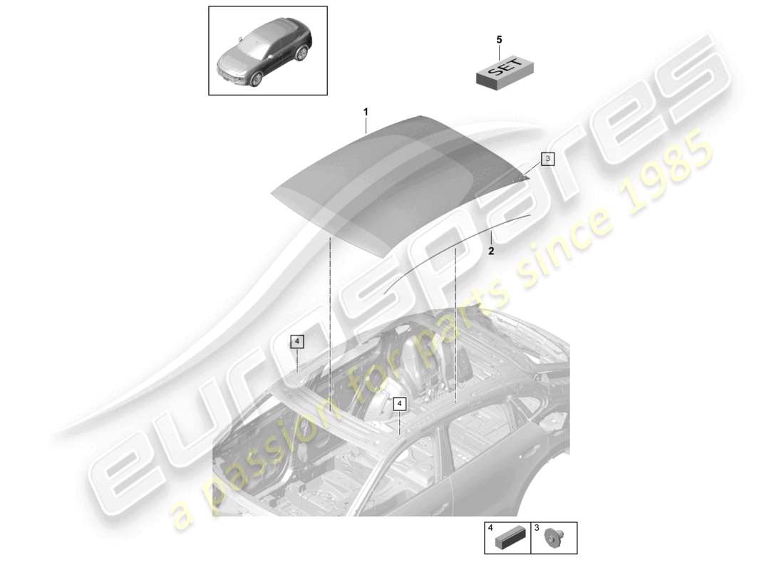 porsche 2023 (cayenne e3 9ya/9yb) schema delle parti del tetto in vetro