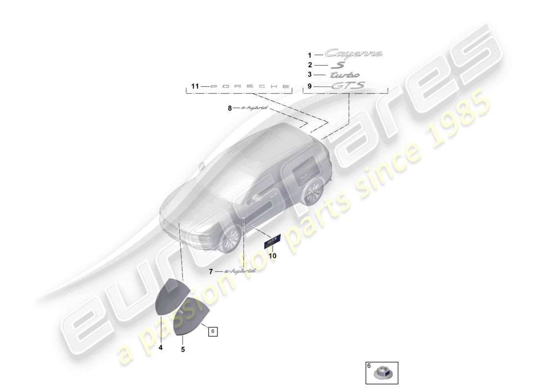 porsche 2023 (cayenne e3 9ya/9yb) iscrizioni/lettere superiore porsche cresta esterna diagramma della parte