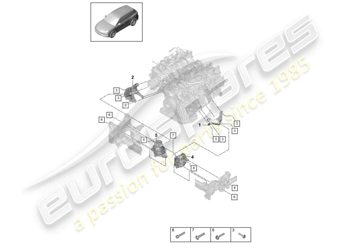 porsche 2023 (cayenne e3 9ya/9yb) dispositivo di sollevamento motore inferiore consolle per montaggio motore montaggio motore schema delle parti
