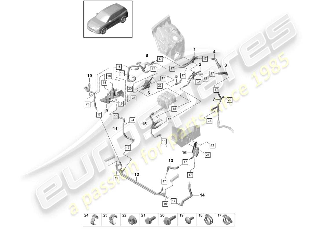 porsche 2023 (cayenne e3 9ya/9yb) riscaldatore v6 circuito ad alta temperatura anteriore per veicoli con trazione ibrida schema dei componenti