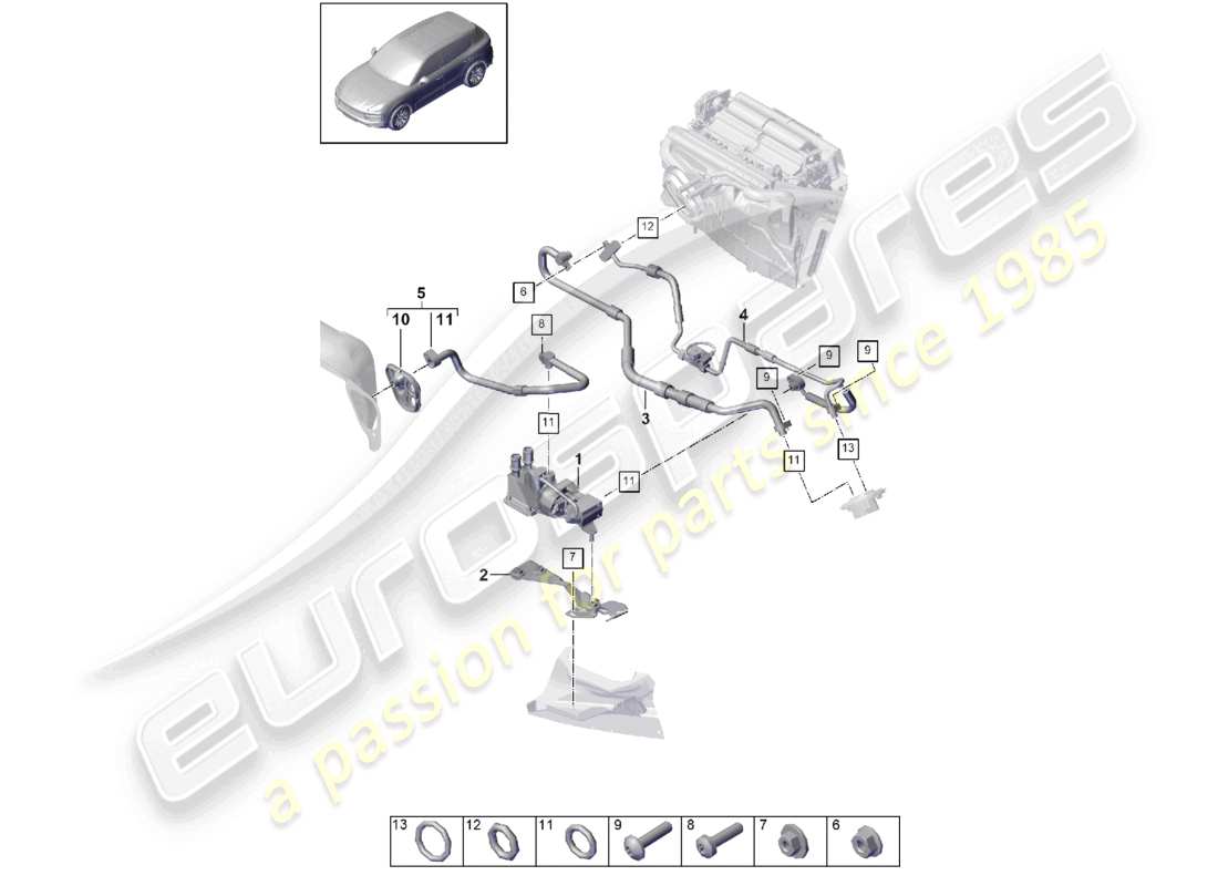 porsche 2023 (cayenne e3 9ya/9yb) circuito refrigerante scatola dell'acqua rhd per veicoli con trazione ibrida schema delle parti