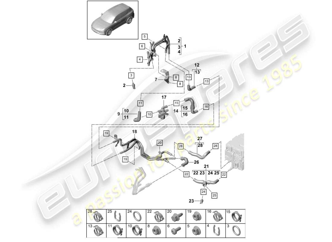 porsche 2023 (cayenne e3 9ya/9yb) sistema di raffreddamento del liquido di raffreddamento schema delle parti