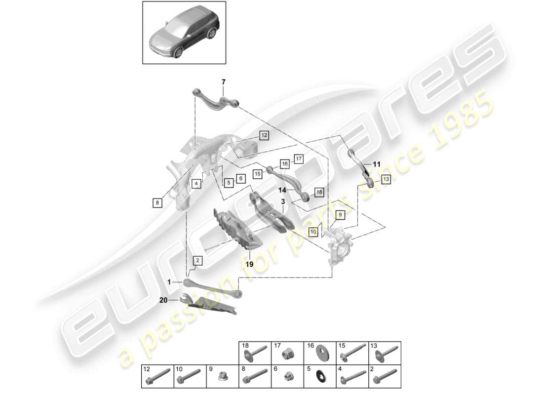 porsche 2023 (cayenne e3 9ya/9yb) schema delle parti dell'assale posteriore a forcella