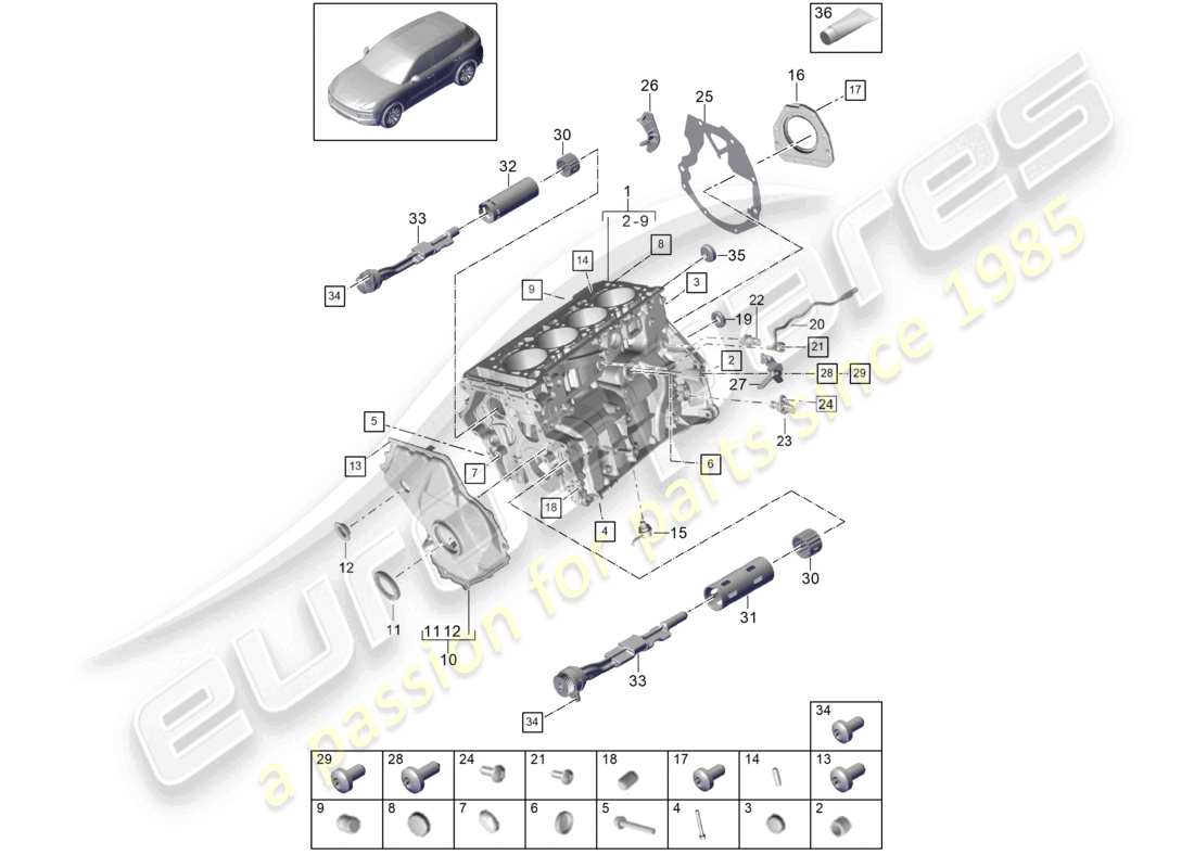 porsche 2023 (cayenne e3 9ya/9yb) carter motore parti singole diagramma delle parti
